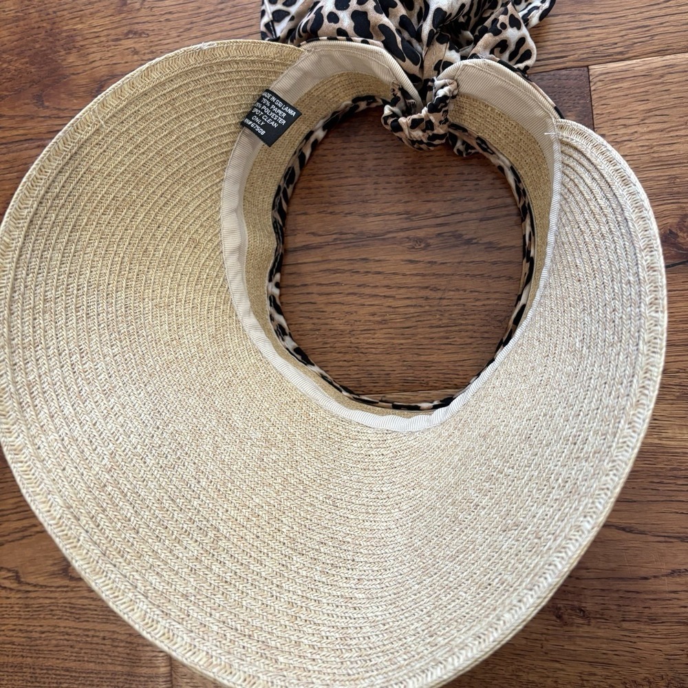 August Hat Company Straw Visor Sun Hat Animal Print Adjustable Tie Beach Travel - Picture 10 of 11